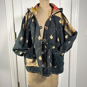 Black Kantha Bae Hooded Jacket Buttons Pockets Wide Sleeves Like New